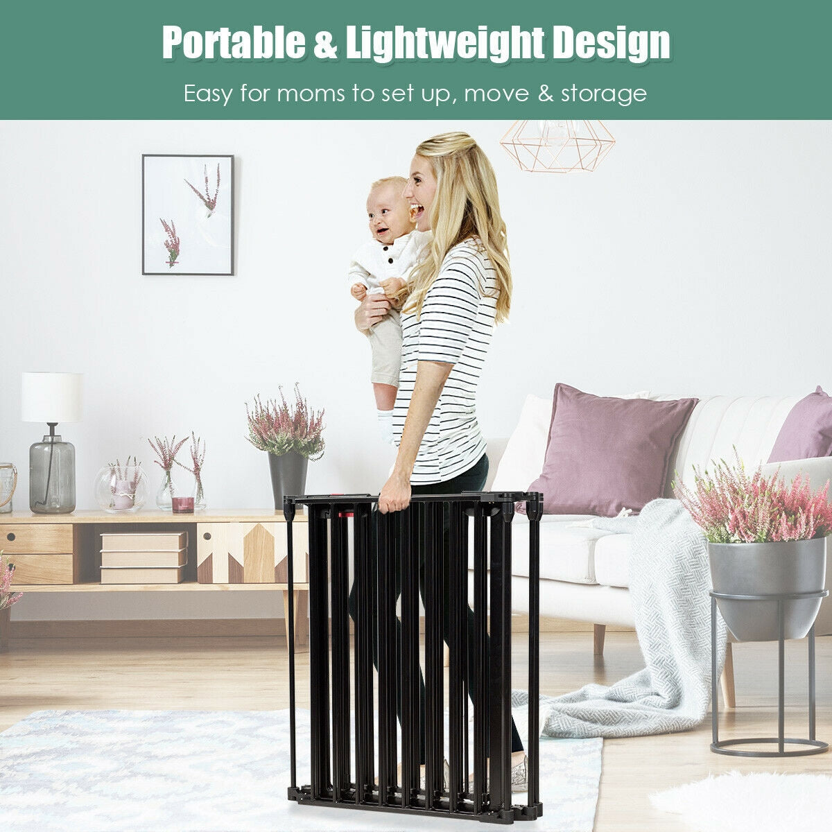 Valla de metal de 6 paneles ajustable para bebés, de montaje en pared - Negra