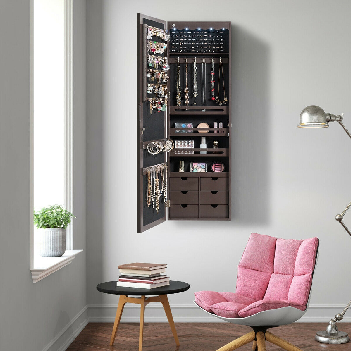 Gabinete para joyas tipo armario con espejo y cerradura de 5 LED y 6 cajones - Marrón