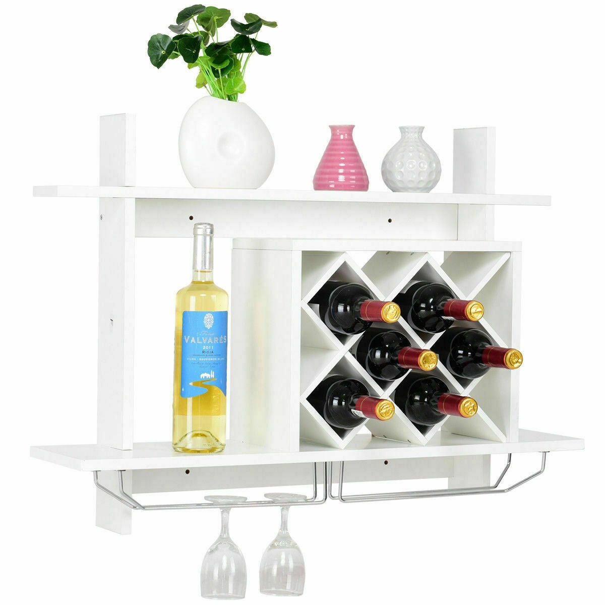 Botellero de pared organizador con estante de almacenamiento y soporte para copas