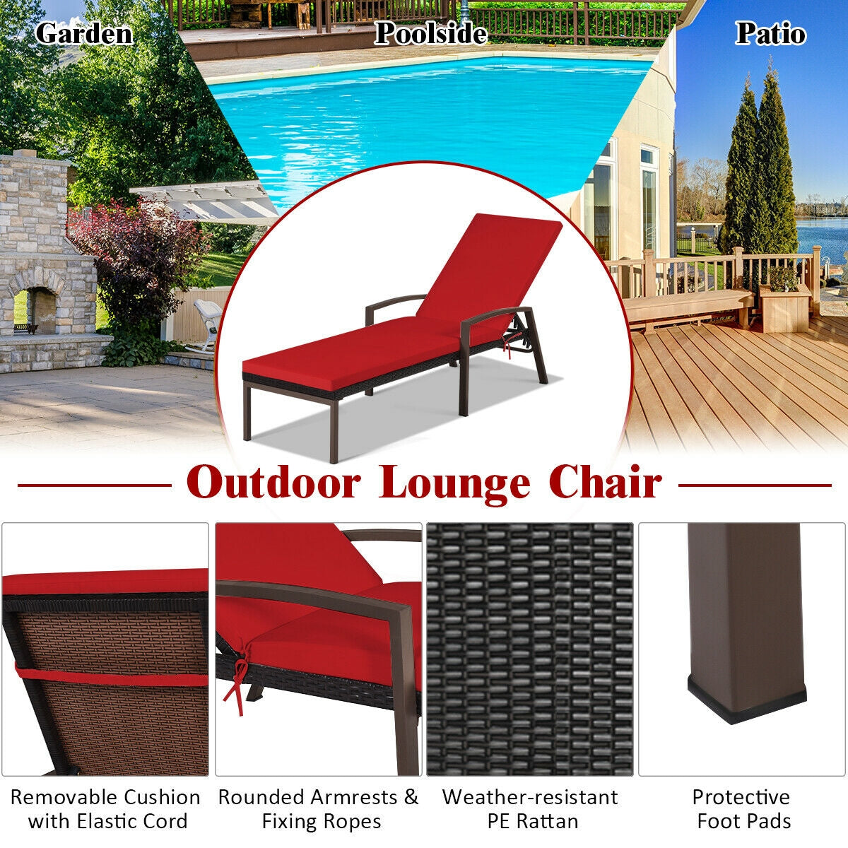 Tumbona reclinable de ratán para patio con respaldo ajustable y cojín