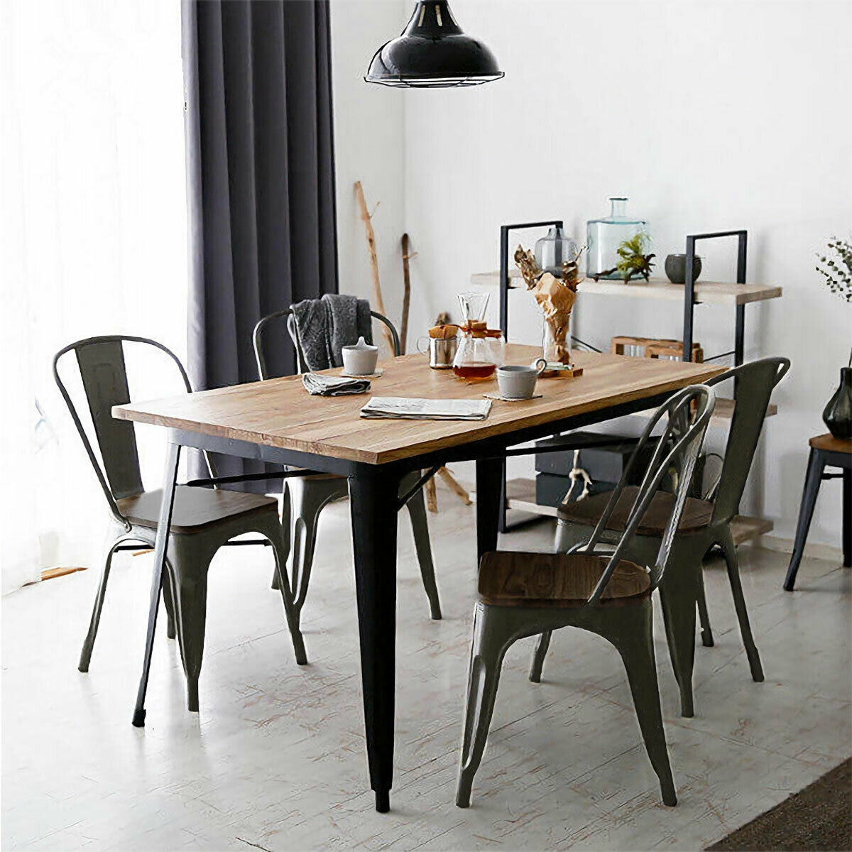 4 sillas de comedor metálicas apilables estilo Tolix con asiento de madera