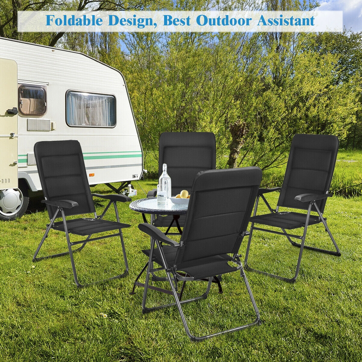 Juego de 4 sillas plegables para patio con respaldo ajustable - Negro
