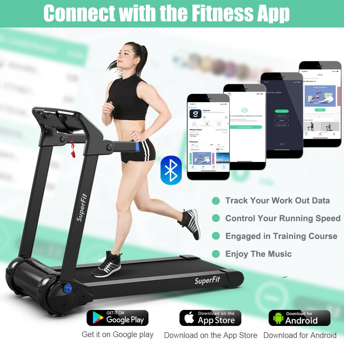 Cinta de correr eléctrica plegable de 3 HP con altavoz Bluetooth