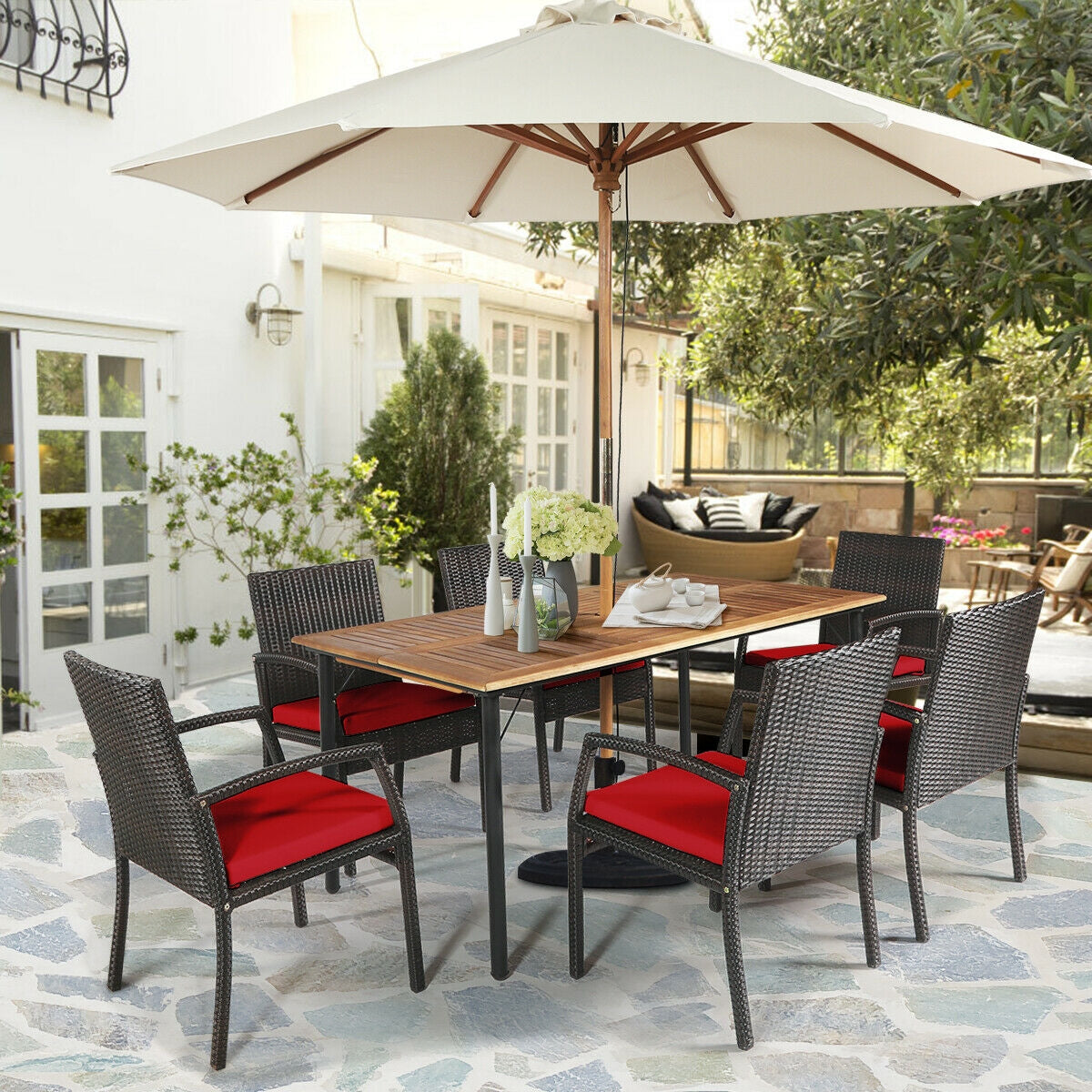 Juego de comedor de ratán acolchado de 7 piezas para patio con agujero para sombrilla