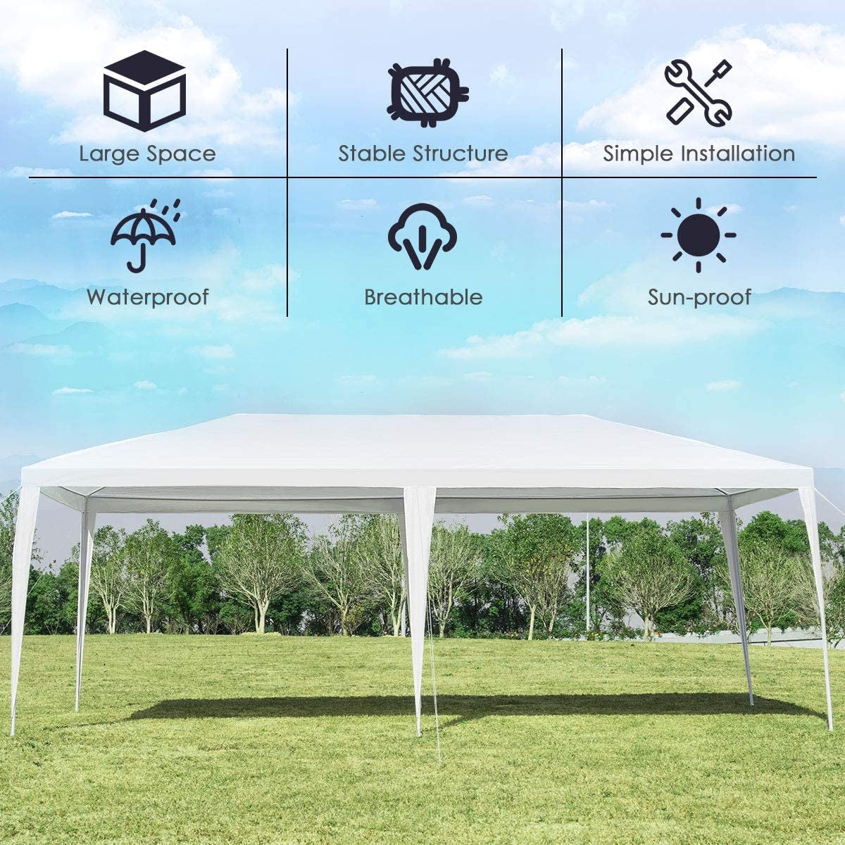 Carpa de toldo impermeable de 10 x 20 pies con estacas y cuerdas de viento