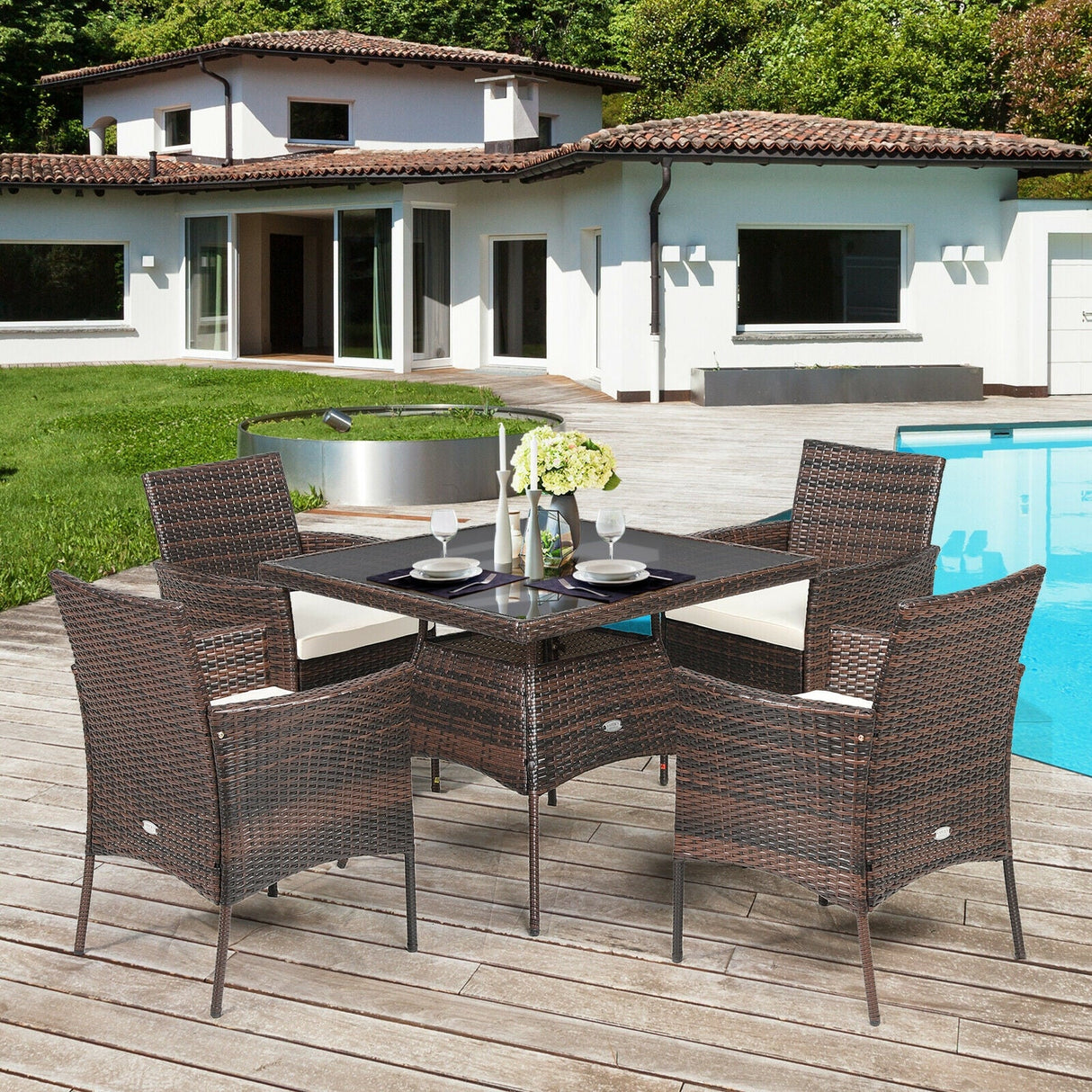 Juego de muebles de comedor de ratán para patio de 5 piezas con sillones y mesa con superficie de madera