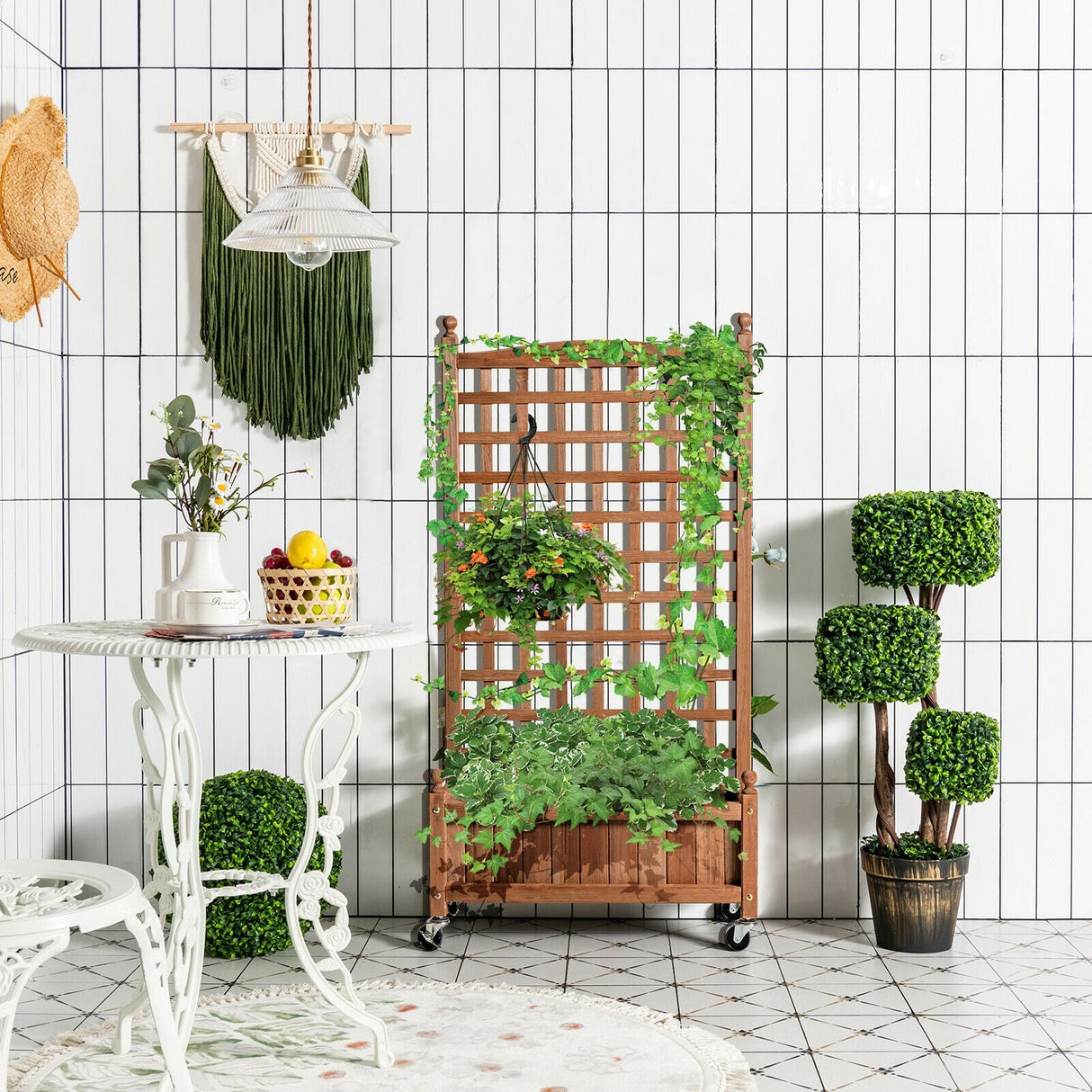 Caja de jardinera de madera de 50 pulgadas con enrejado móvil para plantas trepadoras