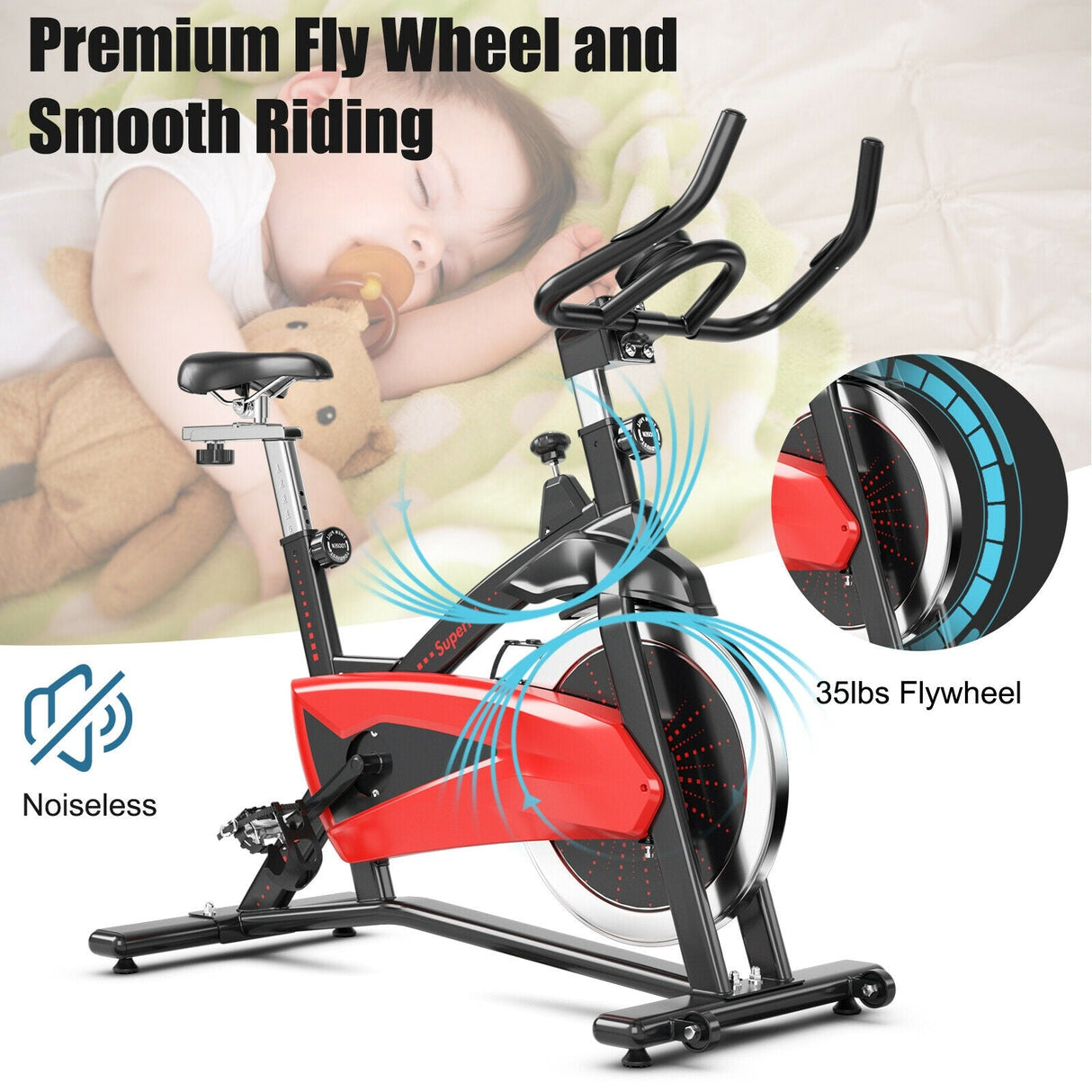 Bicicleta Estática Magnética con Volante de Inercia de 35 libras para Casa y Gimnasio - Negra y Roja