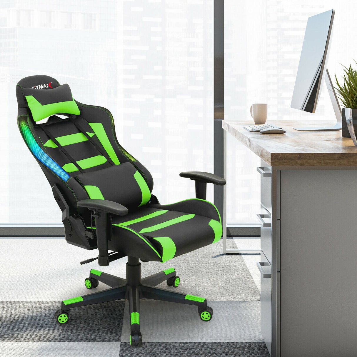 Silla Gaming Giratoria Ajustable con Luces LED y Mando a Distancia