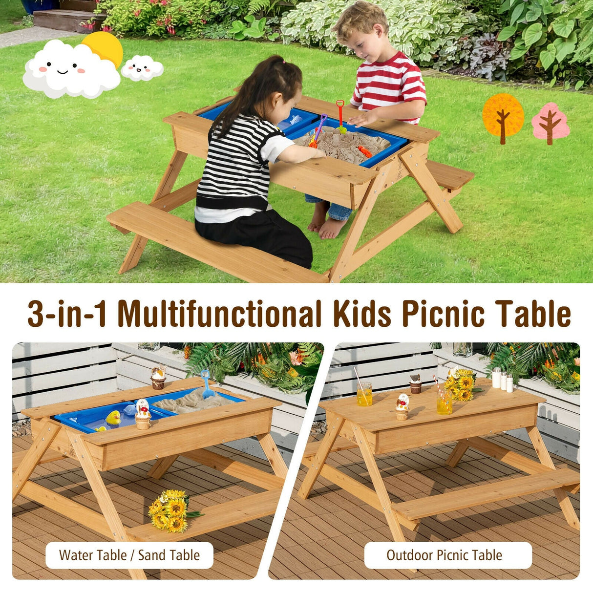Mesa de pícnic de madera 3 en 1 para niños, mesa de arena y agua para exteriores con cajas de juego