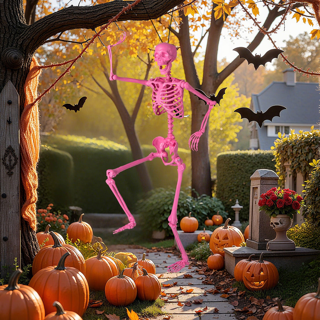 Esqueleto rosa articulado de 1,68 m (5,5 pies) de tamaño real para Halloween