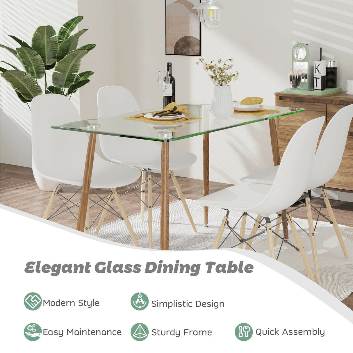 Mesa de comedor rectangular de cristal moderna con patas de metal