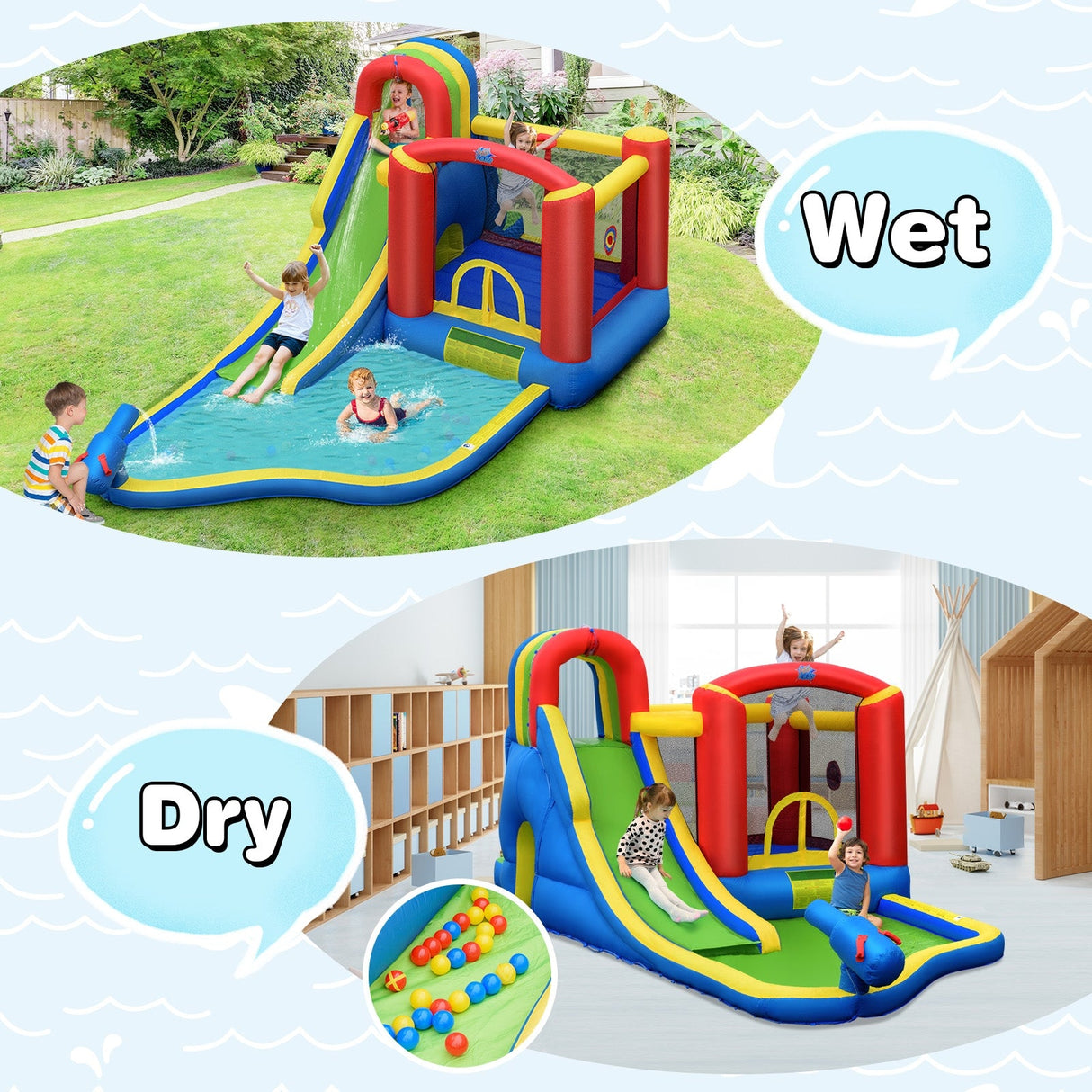 Castillo Inflable para Niños con Tobogán, Escalada, Parque Acuático, Piscina, sin Soplador