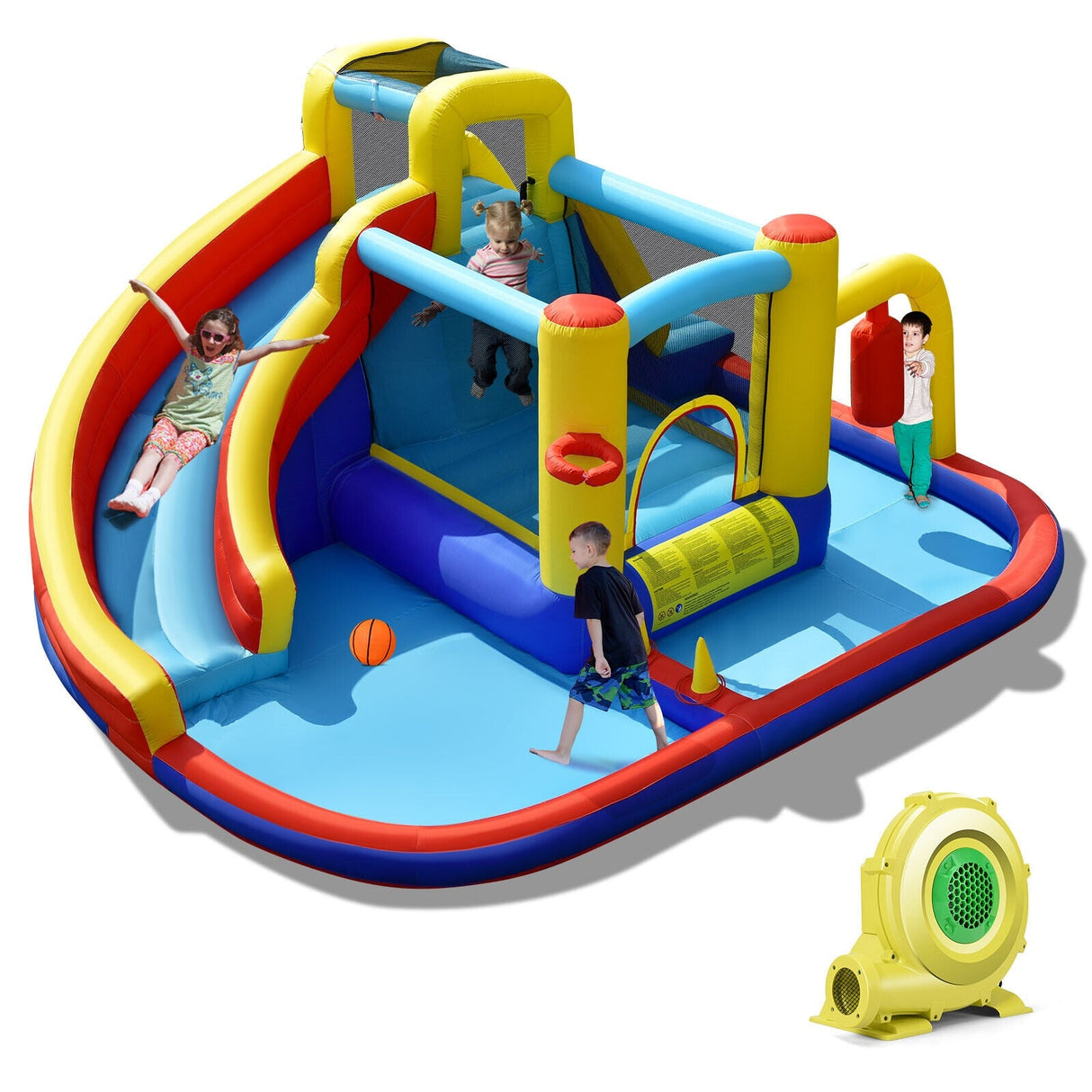 Tobogán acuático inflable 7 en 1 con soplador de aire de 735 W y piscina de salpicaduras