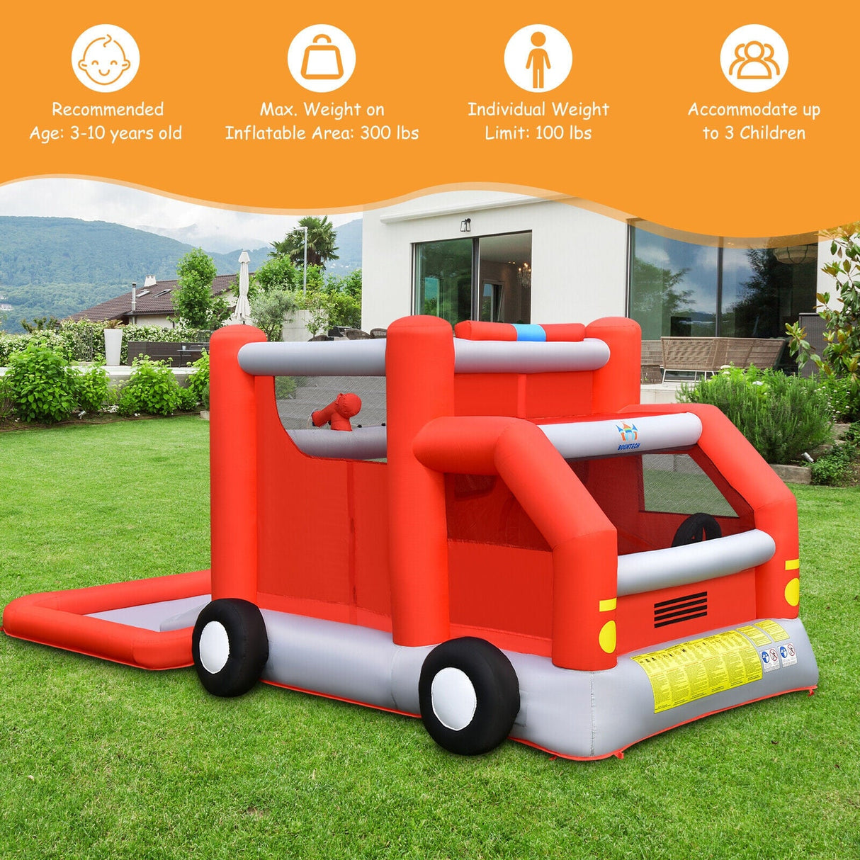 Parque Acuático Hinchable con Diseño de Camión de Bomberos, Casa de Rebote para Niños sin Soplador
