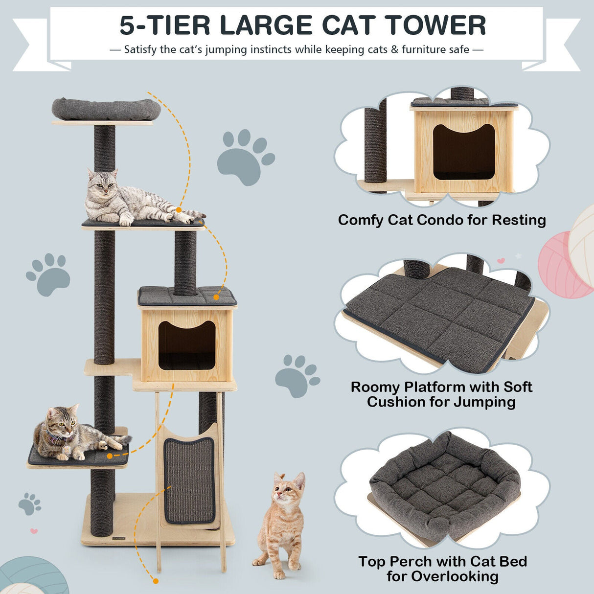 Rascador moderno de 5 niveles para gatos con cojines lavables - Gris