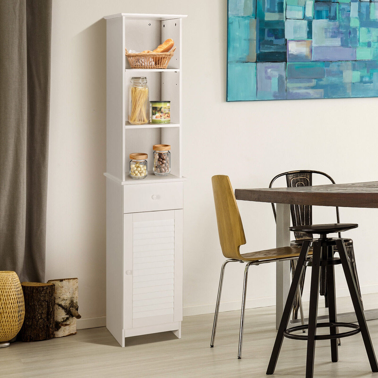 Mueble de Almacenamiento Alto de Baño Independiente con Estantes Abiertos y Cajón - Blanco