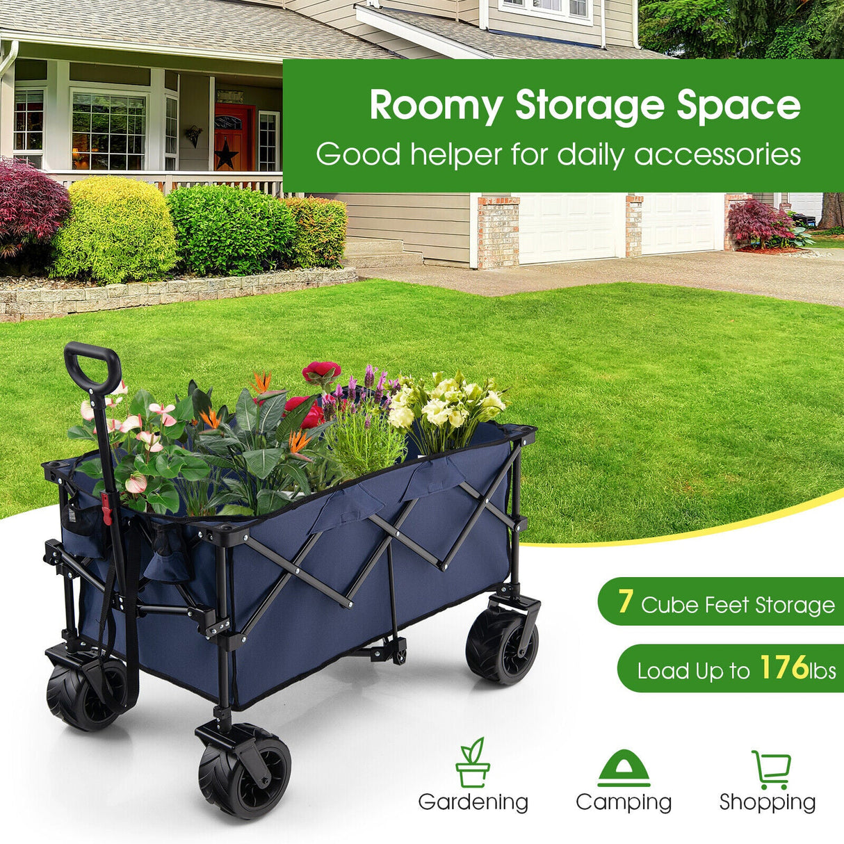 Carro utilitario plegable para jardín con ruedas anchas y mango ajustable