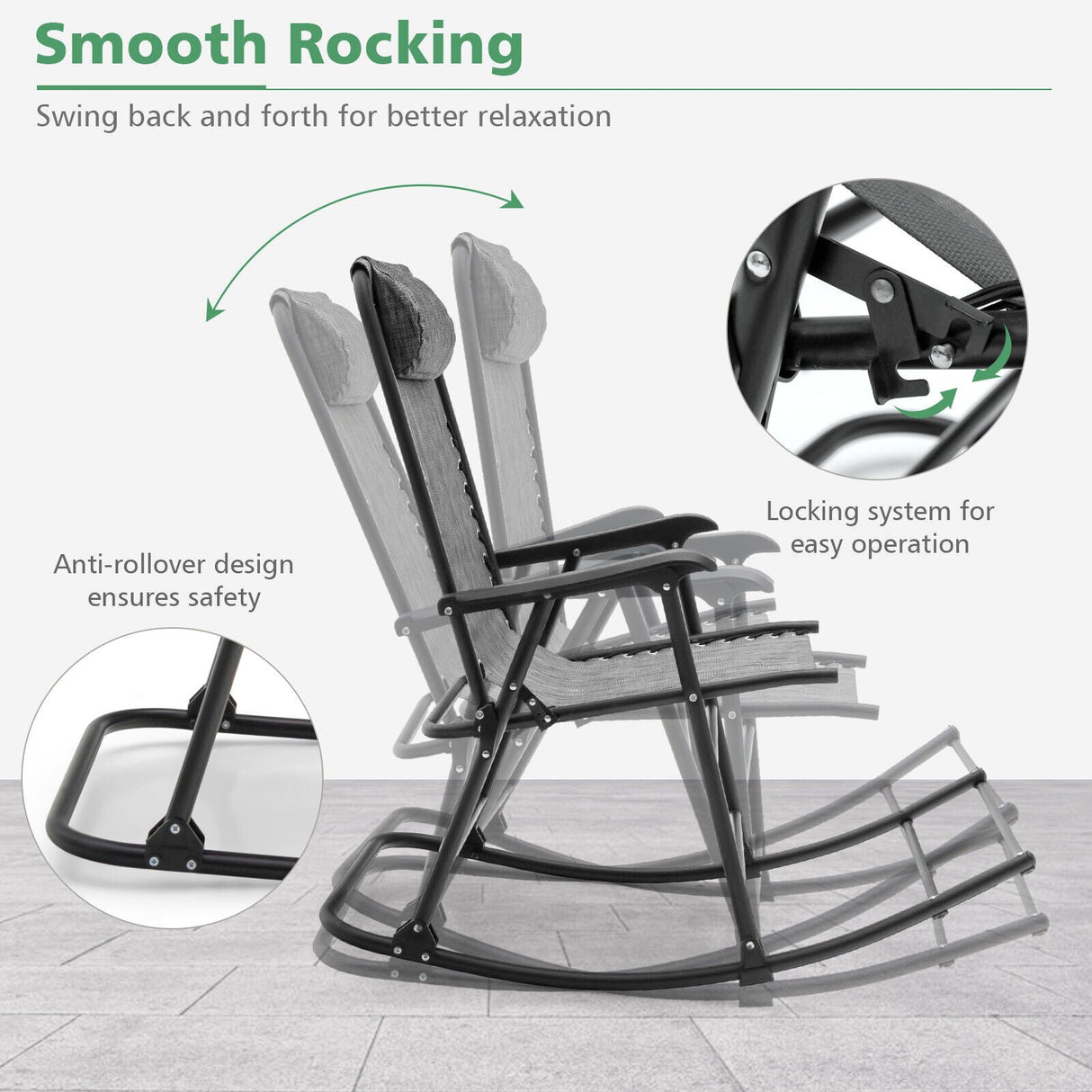 Sillón mecedora plegable liviano para exteriores con reposapiés