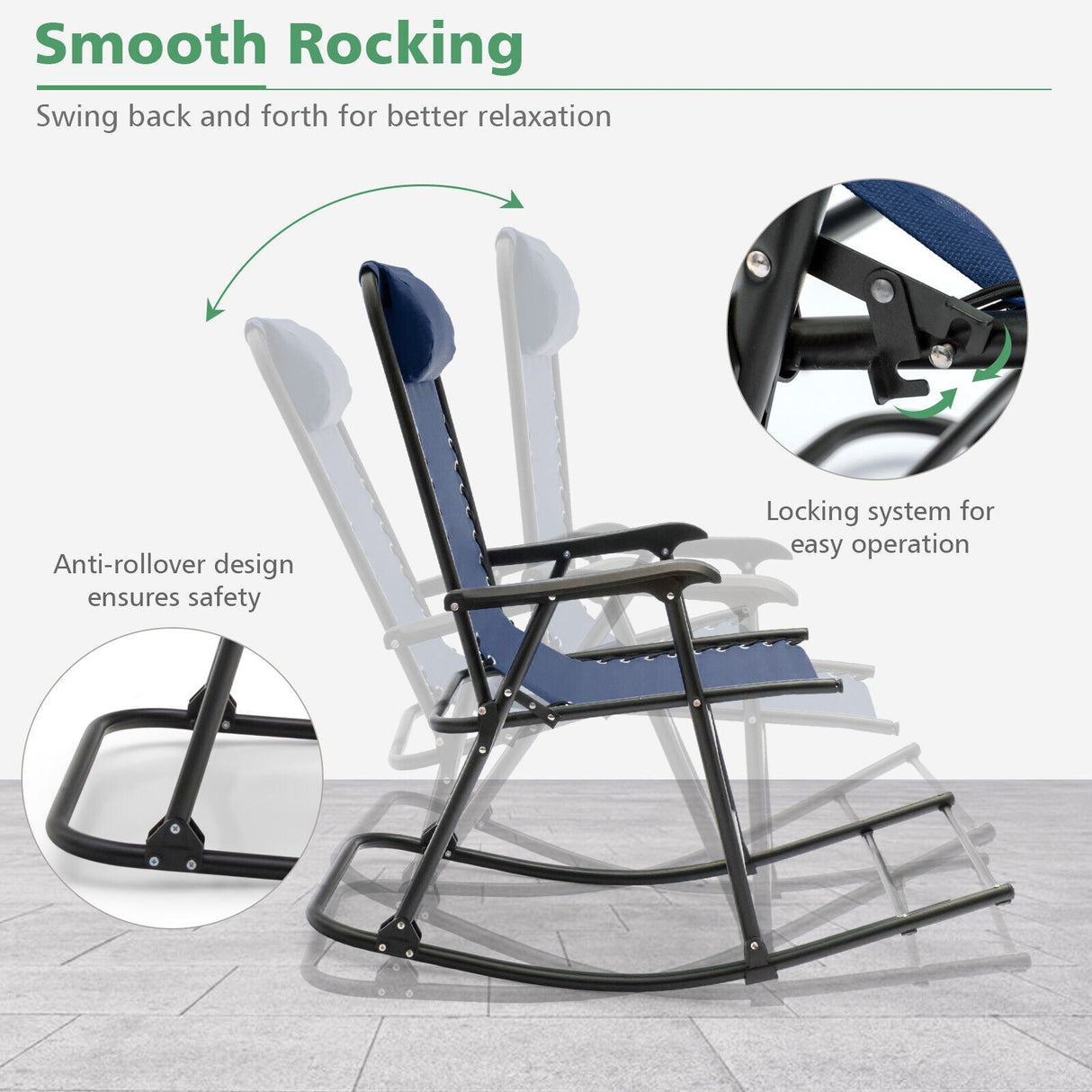 Sillón mecedora plegable liviano para exteriores con reposapiés