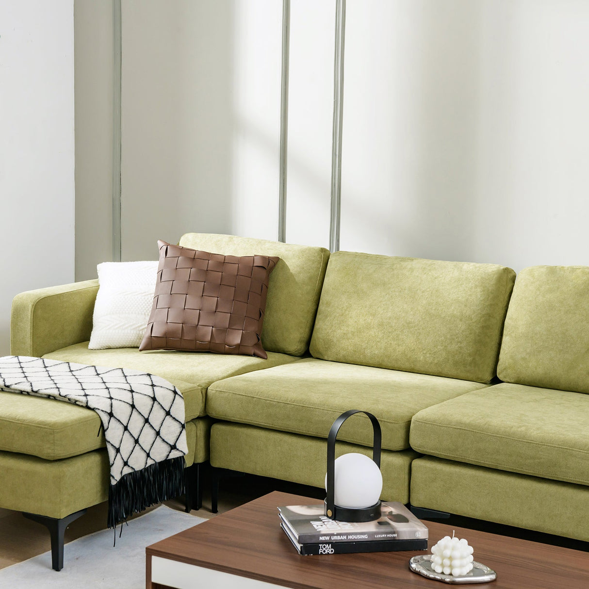Sofá modular seccional en forma de L de 3 asientos con chaise reversible y 2 puertos USB - Verde