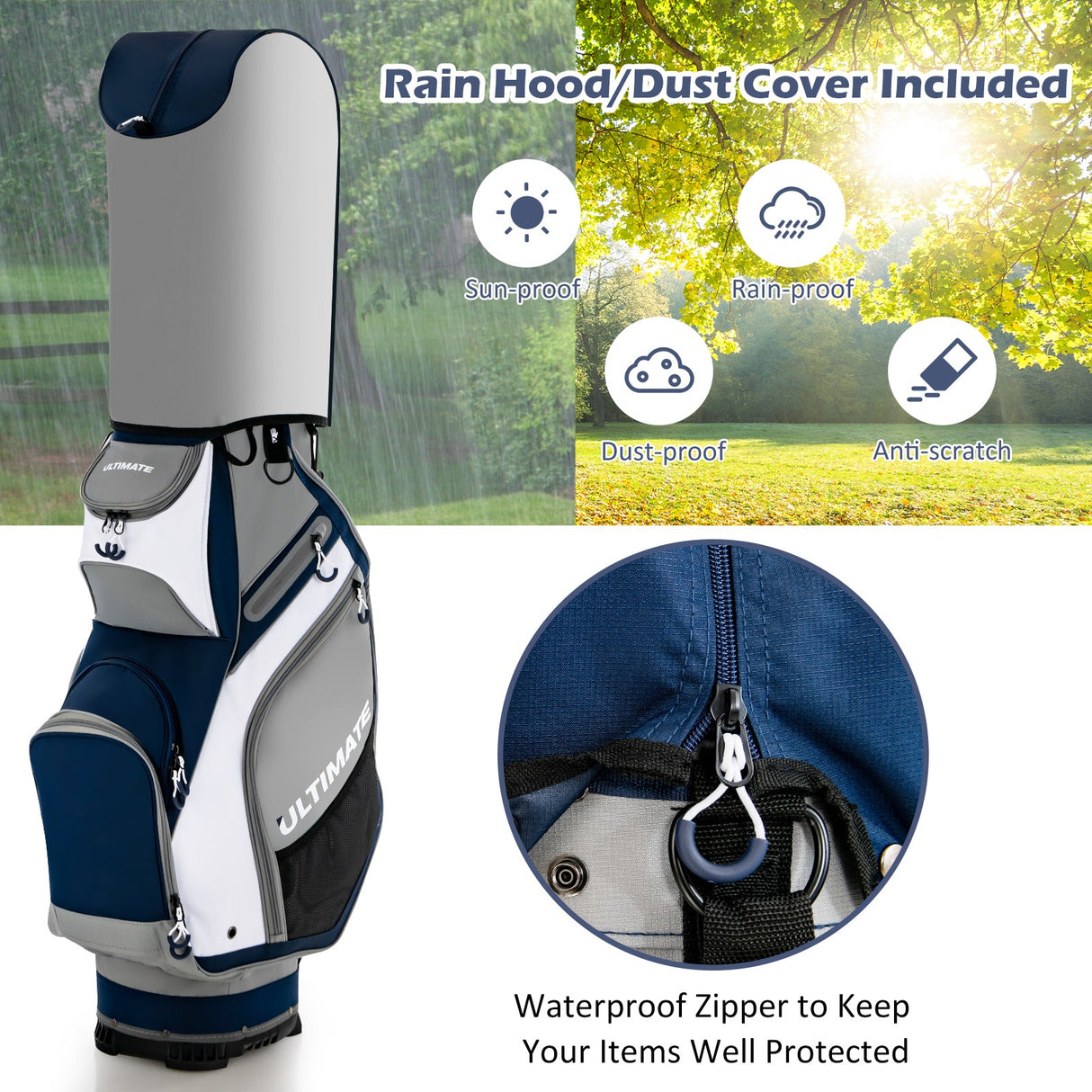 Bolsa de golf de 10.5 pulgadas con 14 divisiones y 7 bolsillos con cremallera