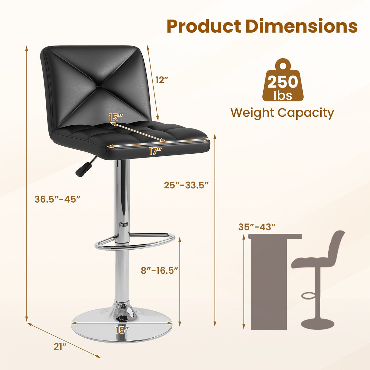 PU Leather Upholstered Bar Stools Set of 2 with Back and Adjustable Height