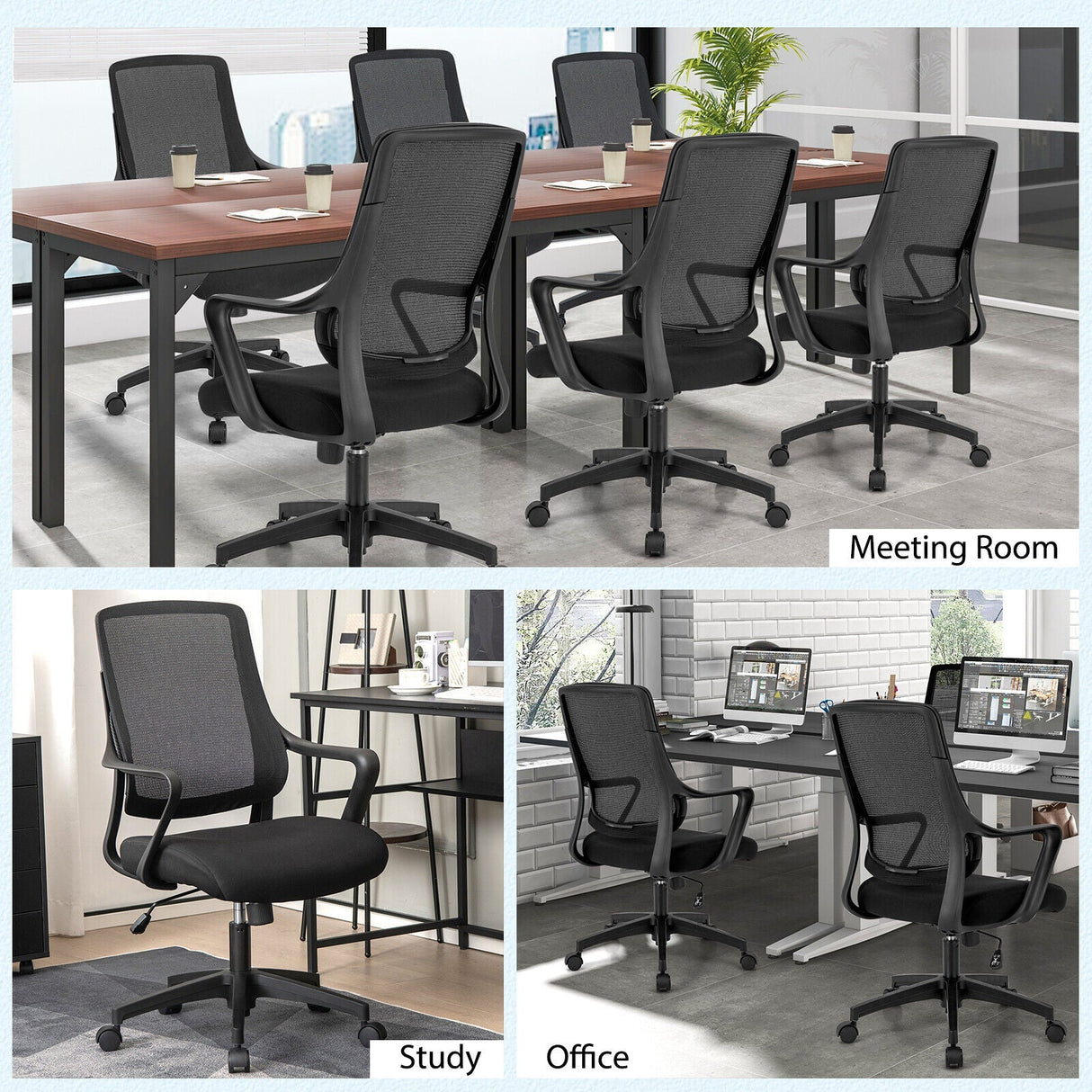 Silla Moderna de Malla Transpirable con Respaldo Curvo y Reposabrazos - Negro