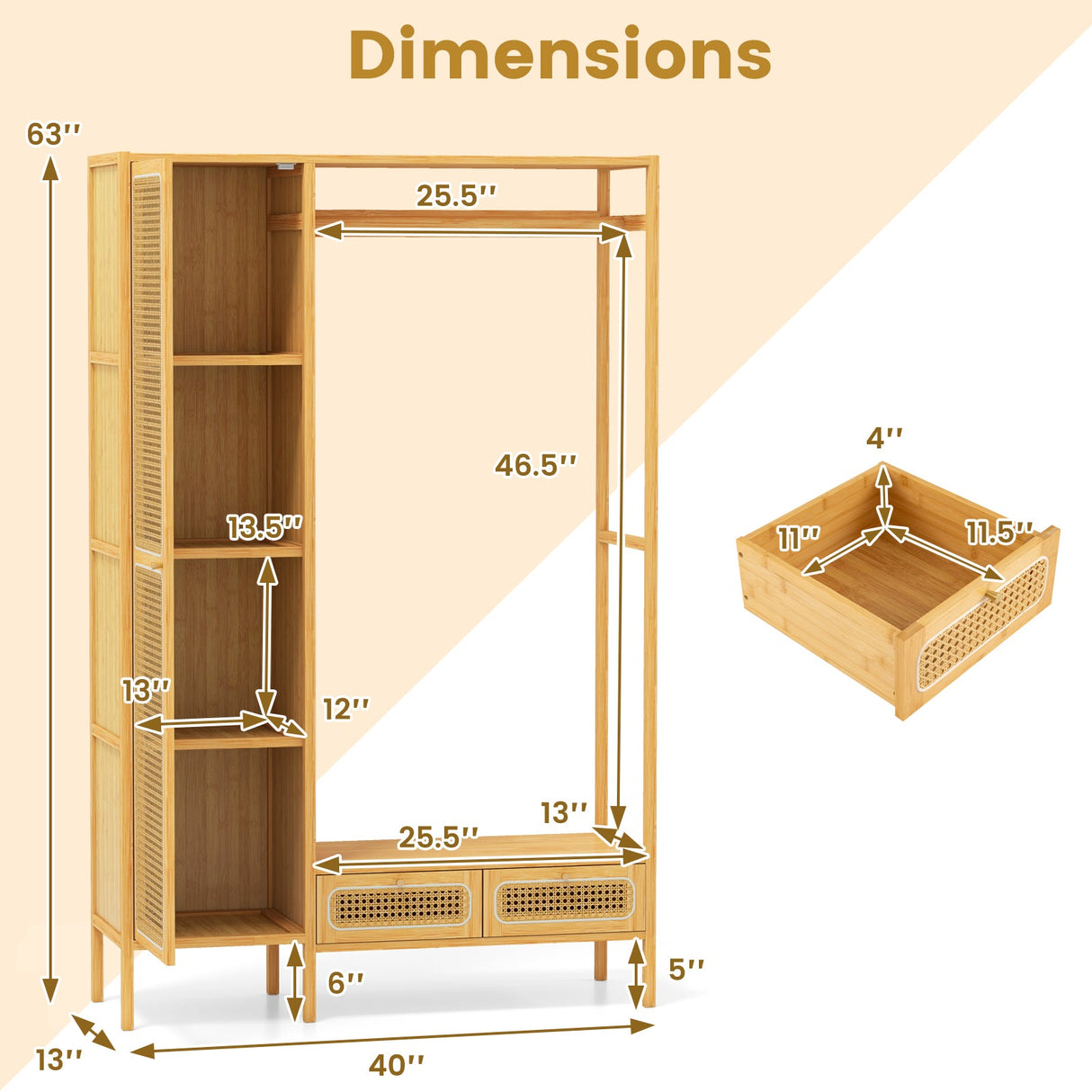 Armario perchero de bambú con cajones y barra para colgar-Natural