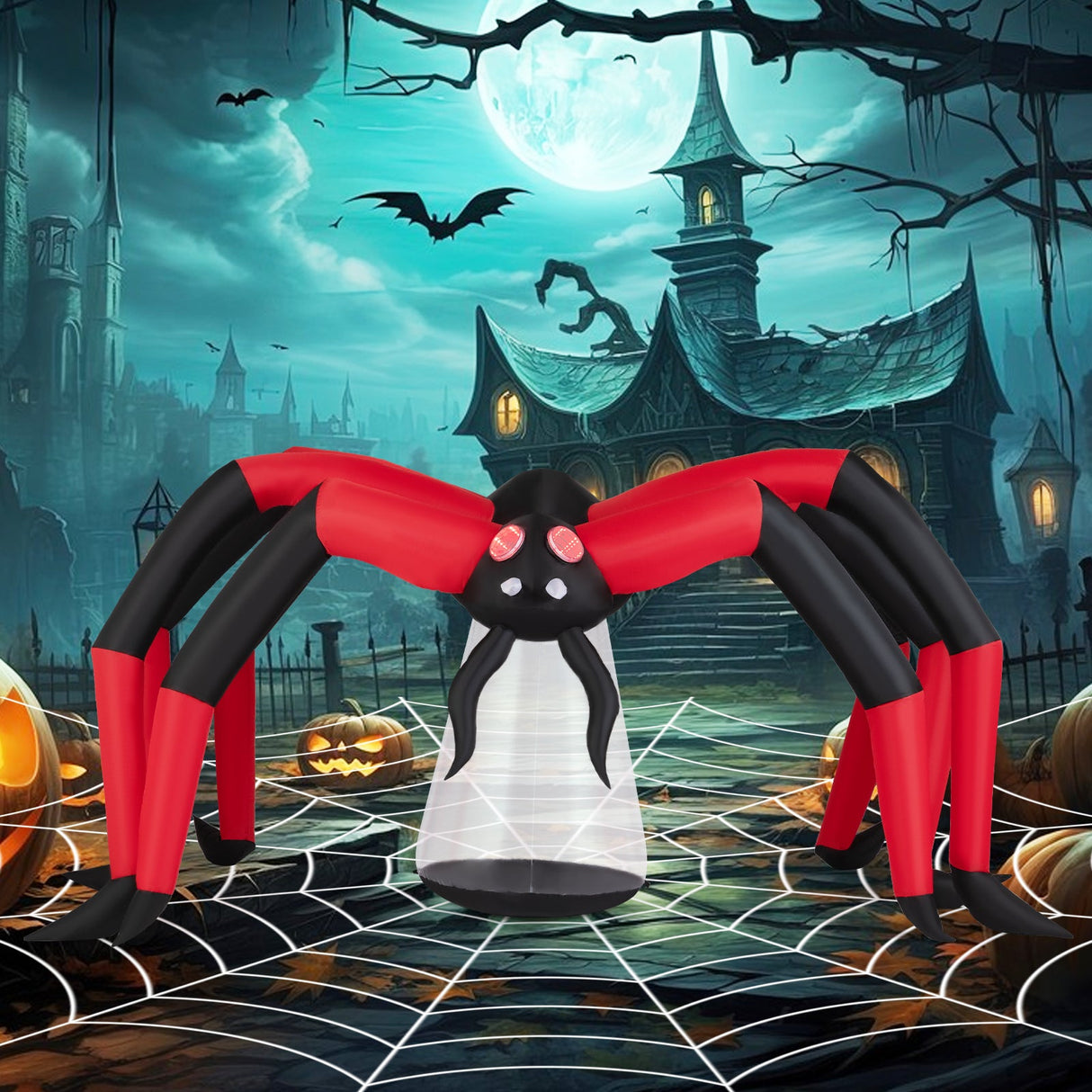 Araña inflable de Halloween para patio, araña espeluznante con ojos luminosos de túnel rojo