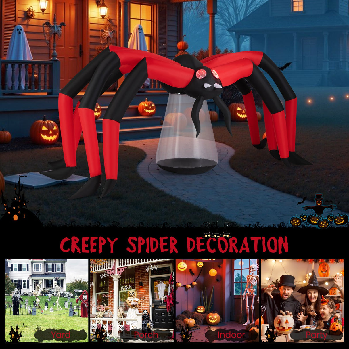 Araña inflable de Halloween para patio, araña espeluznante con ojos luminosos de túnel rojo