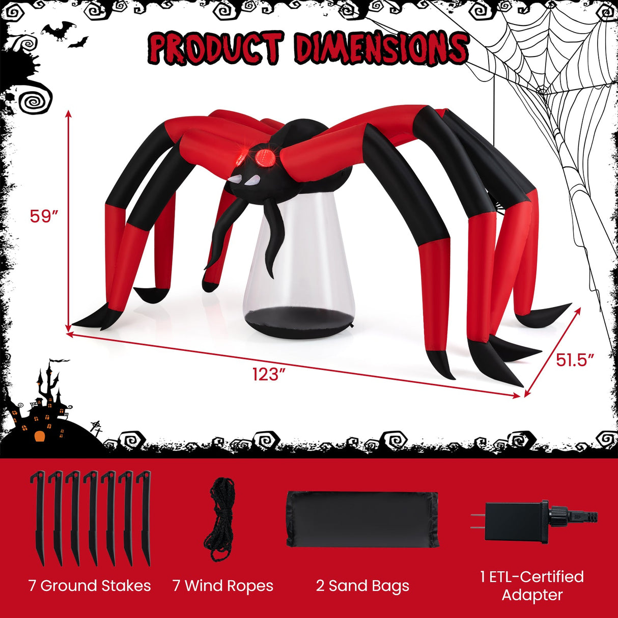 Araña inflable de Halloween para patio, araña espeluznante con ojos luminosos de túnel rojo