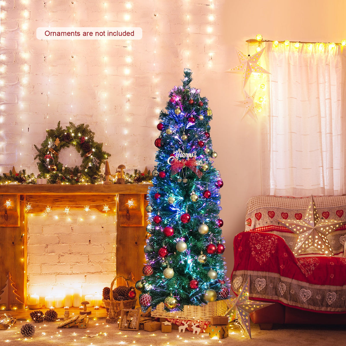 Árbol de Navidad con luces preinstaladas, efecto lápiz, de 5/6/7/8 pies, con fibra óptica colorida, color verde