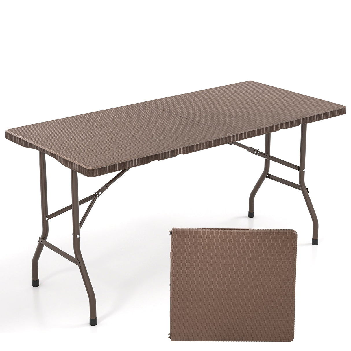 Mesa de picnic plegable de 5 pies con tablero de HDPE efecto ratán y estructura de metal resistente - Café