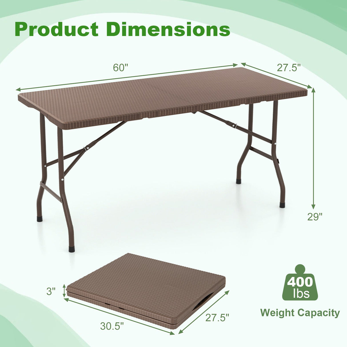 Mesa de picnic plegable de 5 pies con tablero de HDPE efecto ratán y estructura de metal resistente - Café