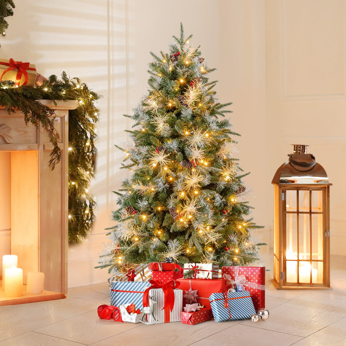 Árbol de Navidad Artificial Preiluminado de 5 pies con Luces LED de 8 Modos con Bayas
