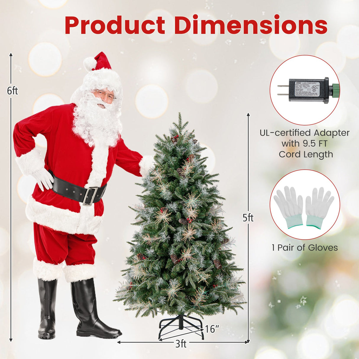 Árbol de Navidad Artificial Preiluminado de 5 pies con Luces LED de 8 Modos con Bayas