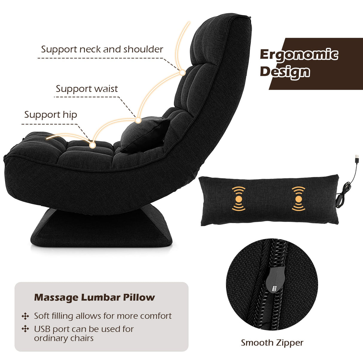 Sillón de suelo giratorio 360° con 5 niveles de ajuste y almohada de masaje