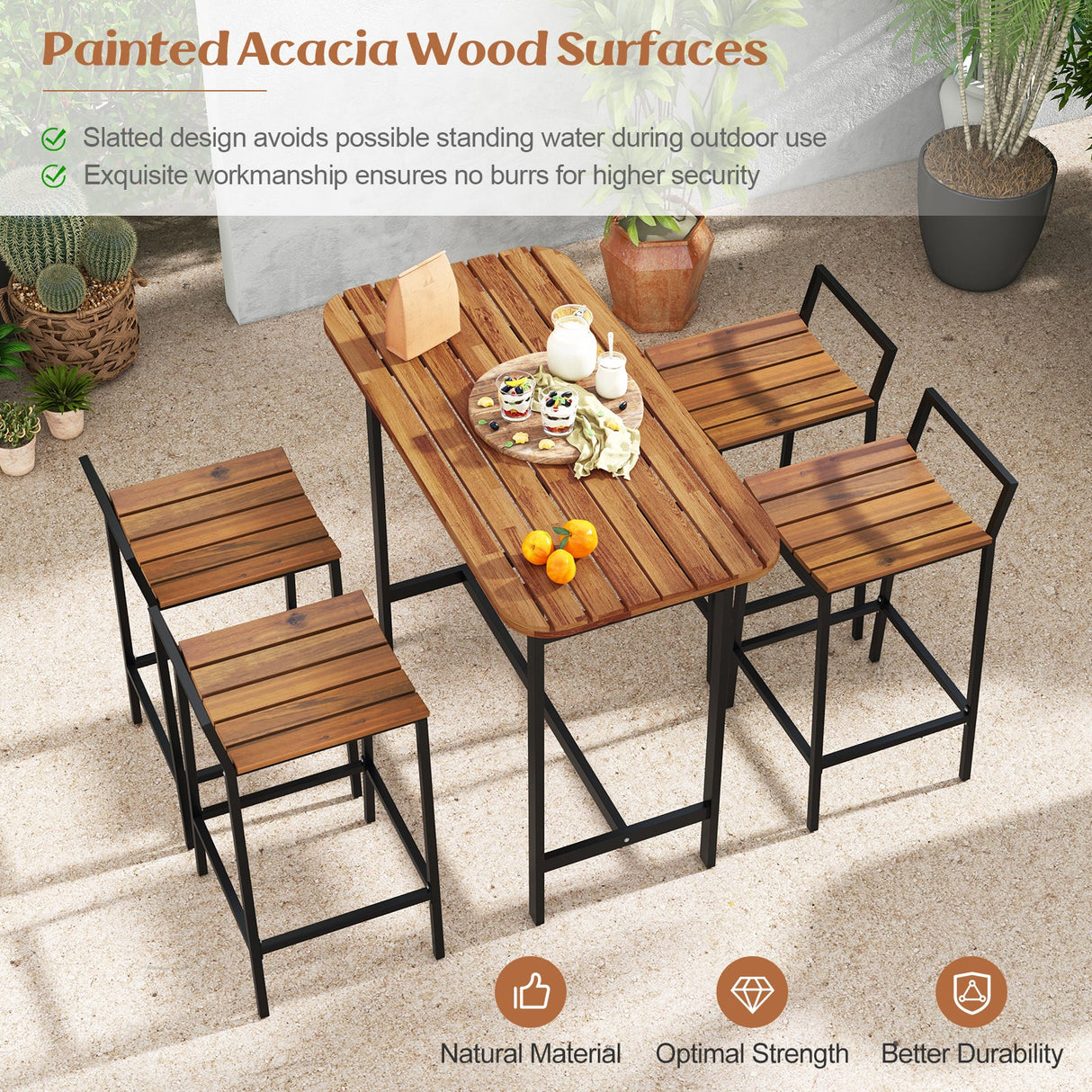 Juego de mesa de bar de madera de acacia de 5 piezas, mesa y sillas de altura de bar con estructura de metal y reposapiés