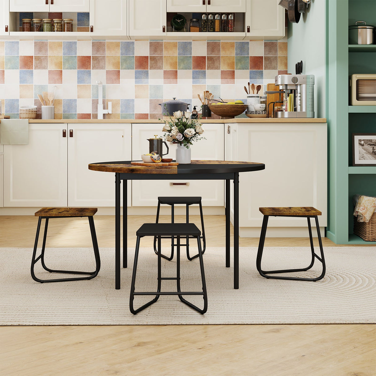Juego de comedor de 5 piezas para 4 personas, mesa de cocina redonda de 47 pulgadas y 4 taburetes - Marrón