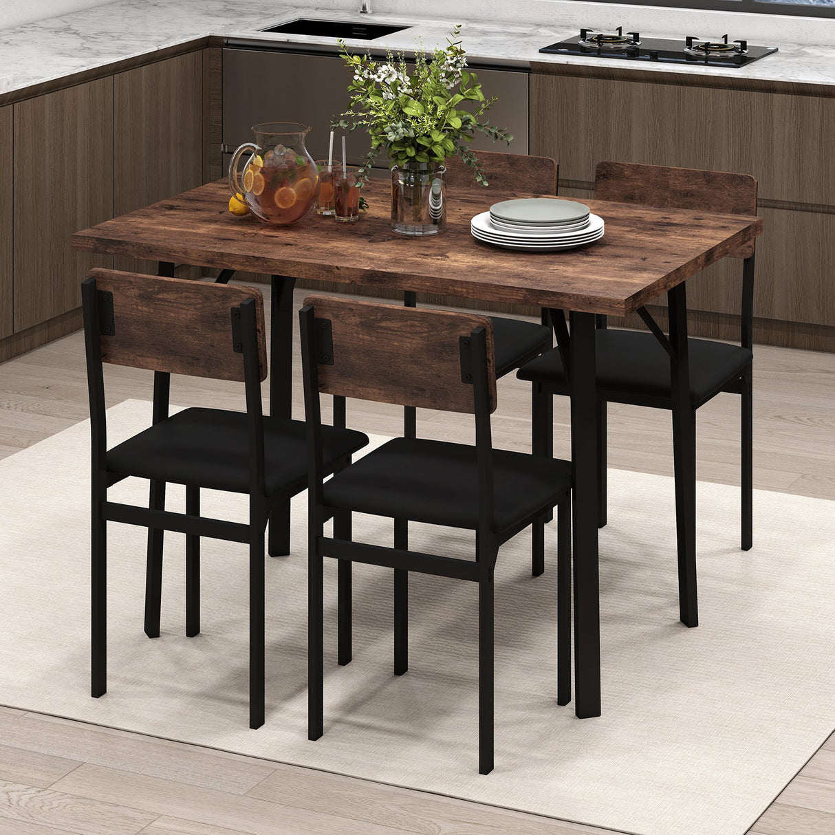 Juego de comedor de 5 piezas para 4 personas, mesa de cocina industrial y 4 sillas de cuero PU-marrón