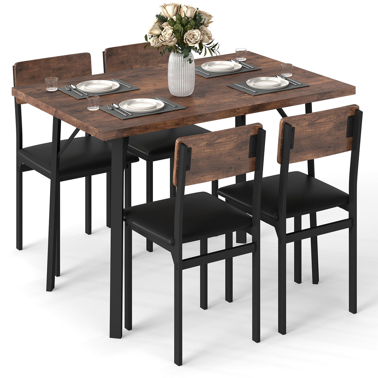 Juego de comedor de 5 piezas para 4 personas, mesa de cocina industrial y 4 sillas de cuero PU-marrón