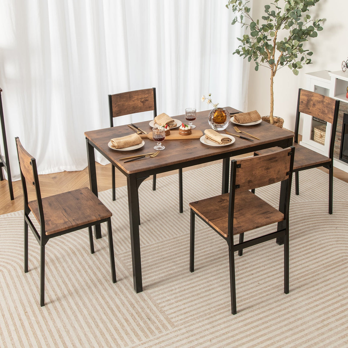 Juego de mesa de comedor de 5 piezas, mesa y sillas de cocina estilo industrial para 4 personas