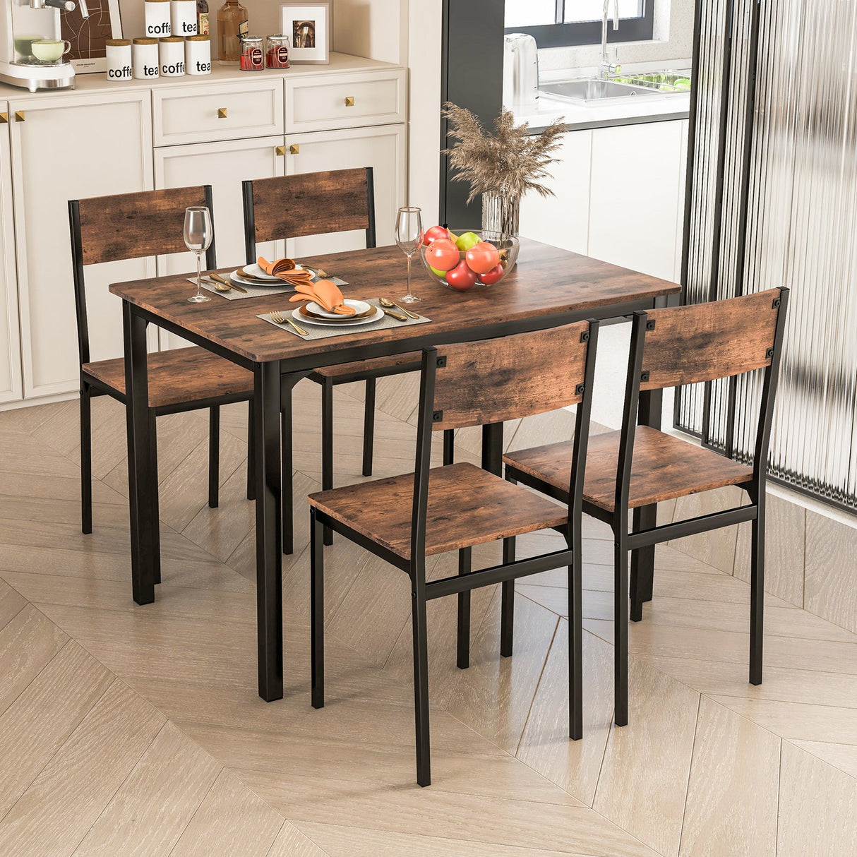 Juego de mesa de comedor de 5 piezas, mesa y sillas de cocina estilo industrial para 4 personas