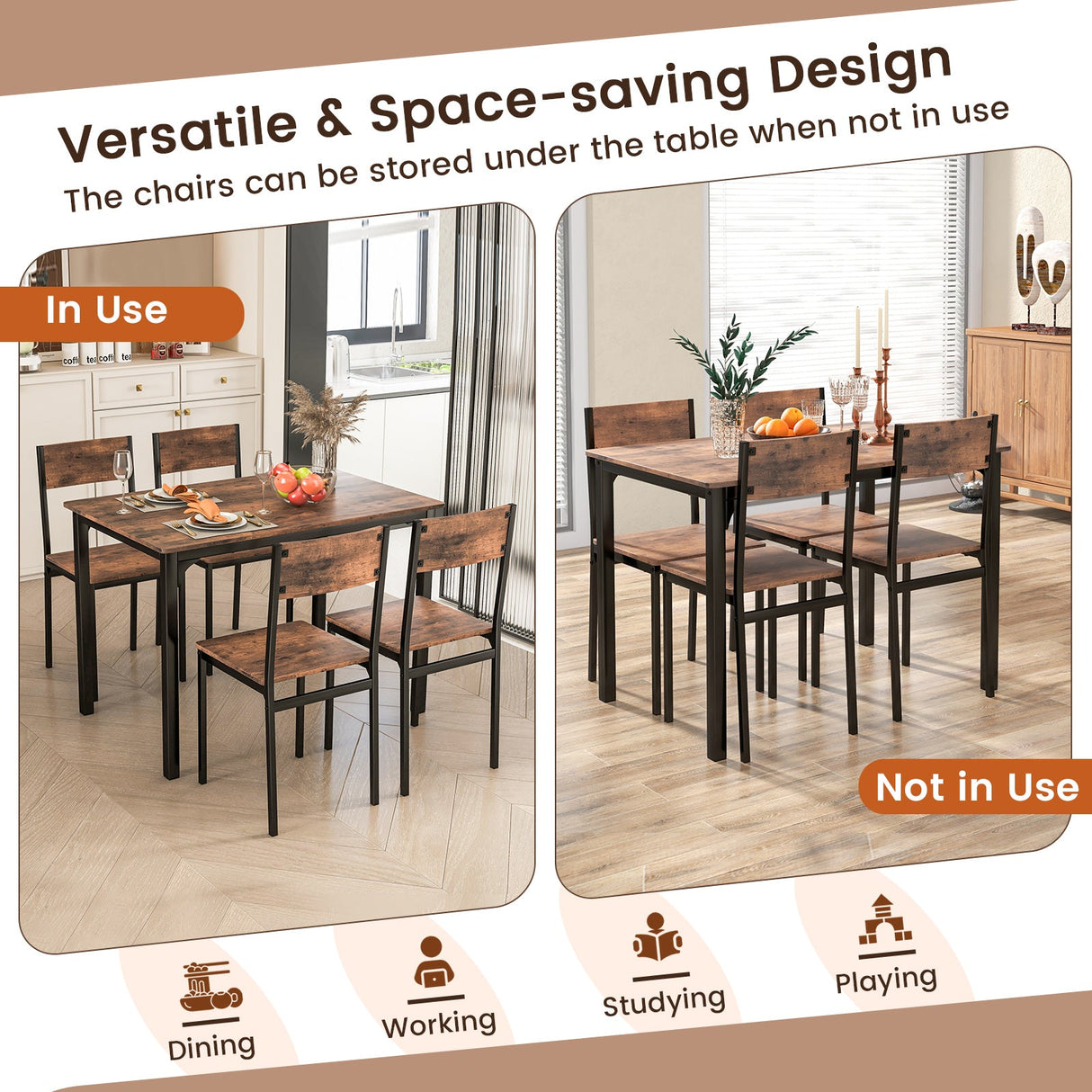 Juego de mesa de comedor de 5 piezas, mesa y sillas de cocina estilo industrial para 4 personas