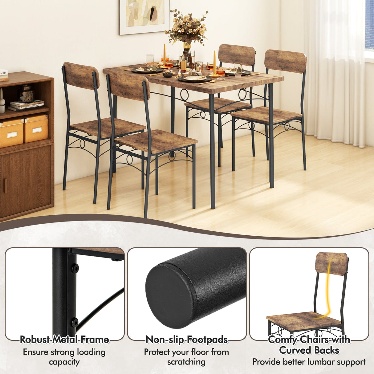 Juego de comedor industrial de 5 piezas para 4 personas, ideal para apartamentos pequeños, color marrón