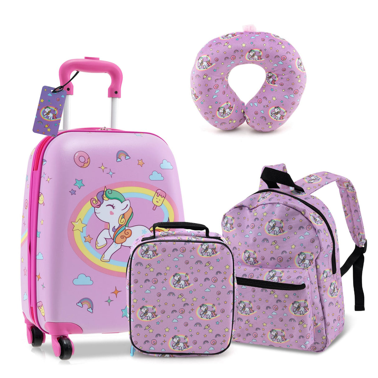 Juego de equipaje de 5 piezas para niños con mochila, almohada para el cuello, etiqueta de identificación y fiambrera