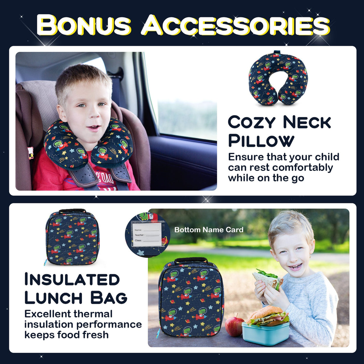 Juego de equipaje de 5 piezas para niños con mochila, almohada para el cuello, etiqueta de identificación y fiambrera