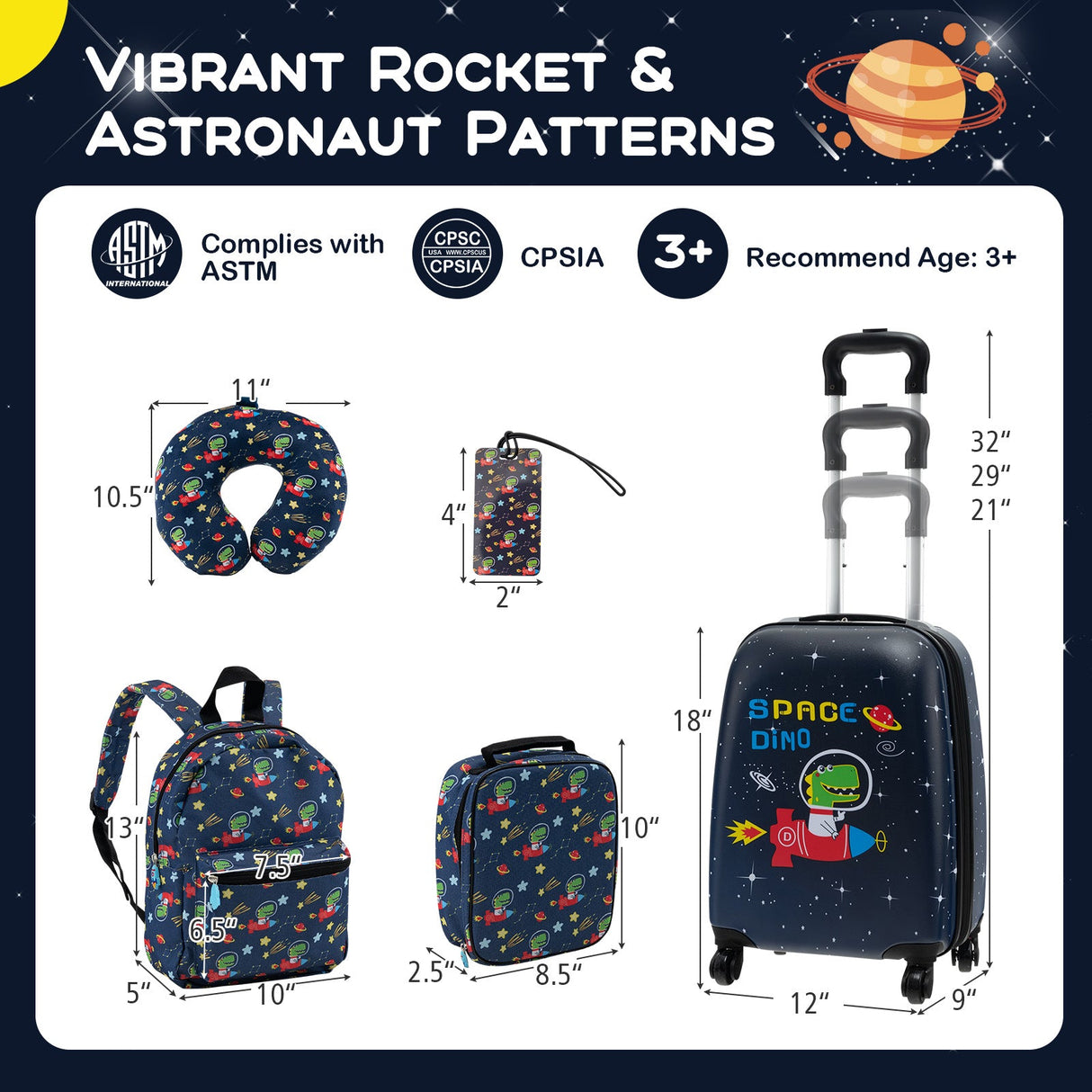 Juego de equipaje de 5 piezas para niños con mochila, almohada para el cuello, etiqueta de identificación y fiambrera