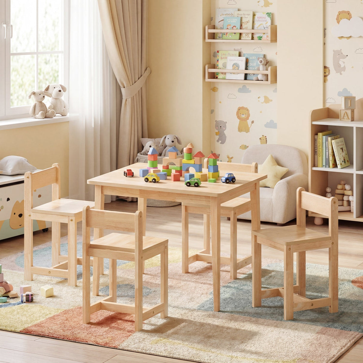 Juego de mesa y sillas de madera maciza de caucho de 5 piezas para niños, mesa de actividades para niños pequeños